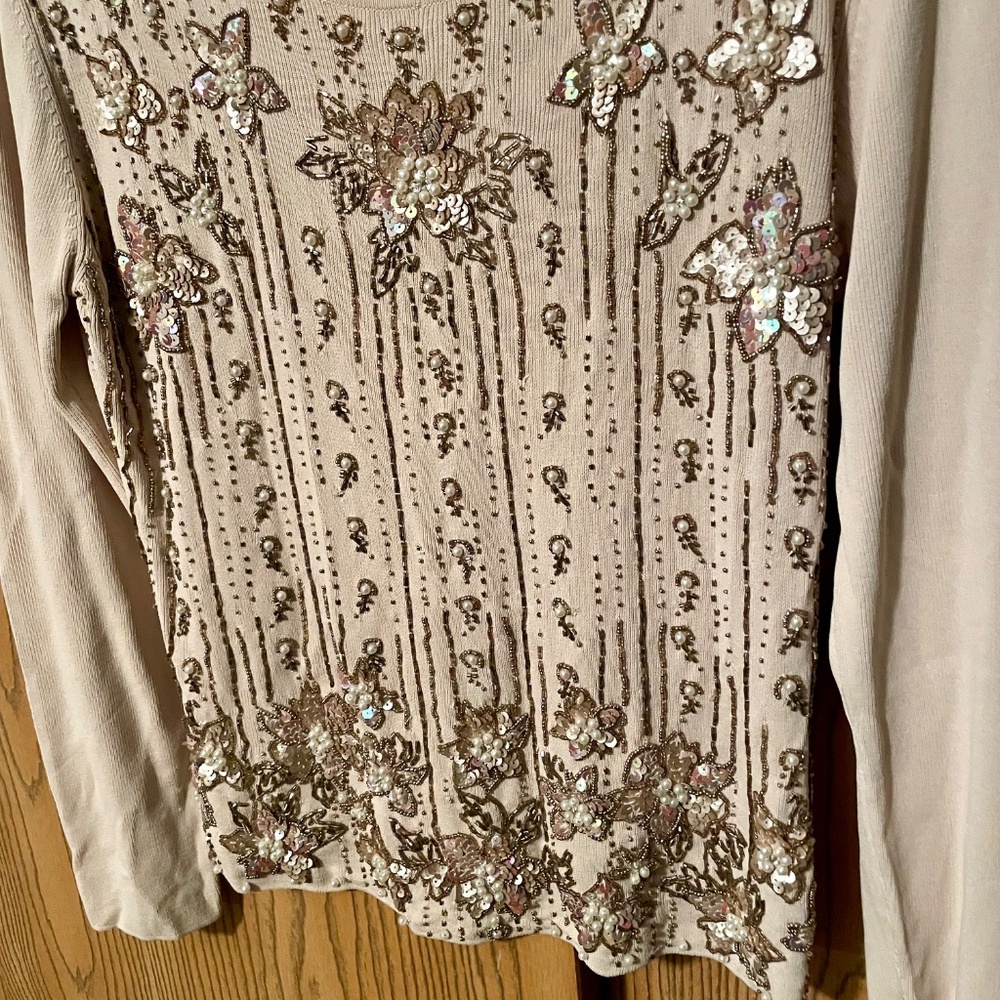PIERRI NEW YORK SIZE XL TOP BEIGE SEQUINS BEADS PEARLS EMBELLISHED FRONT - Picture 3 of 5
